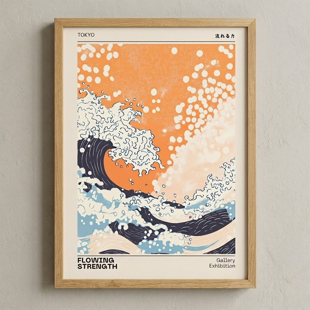 Vintage orange and blue Japanese wave wall art print for modern interiors