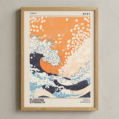 Vintage orange and blue Japanese wave wall art print for modern interiors