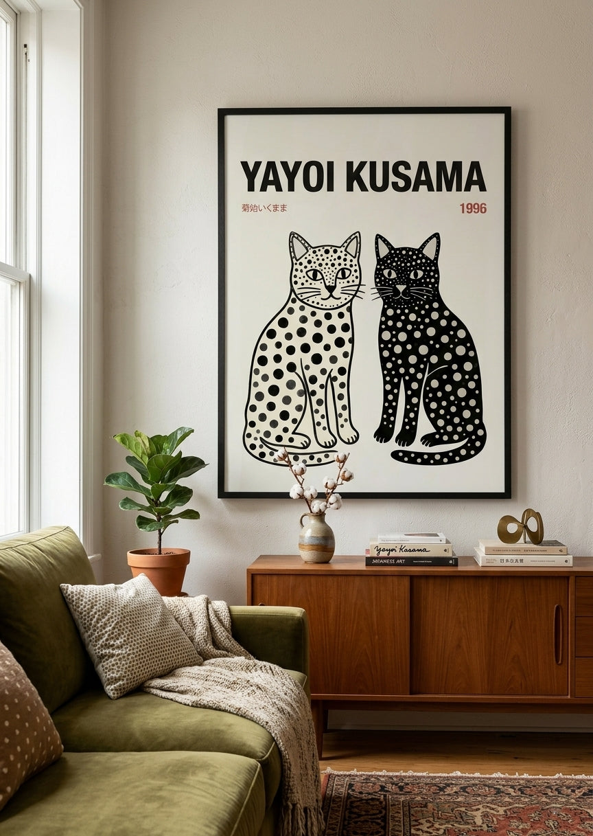 Polka dot cat art print Yayoi Kusama inspired wall decor PrintHaus modern living room art