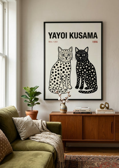 Polka dot cat art print Yayoi Kusama inspired wall decor PrintHaus modern living room art