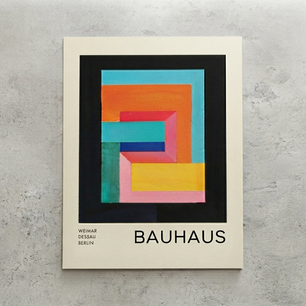 Unframed Bauhaus Geometric Abstract Art Print with colorful geometric design on a textured gray background