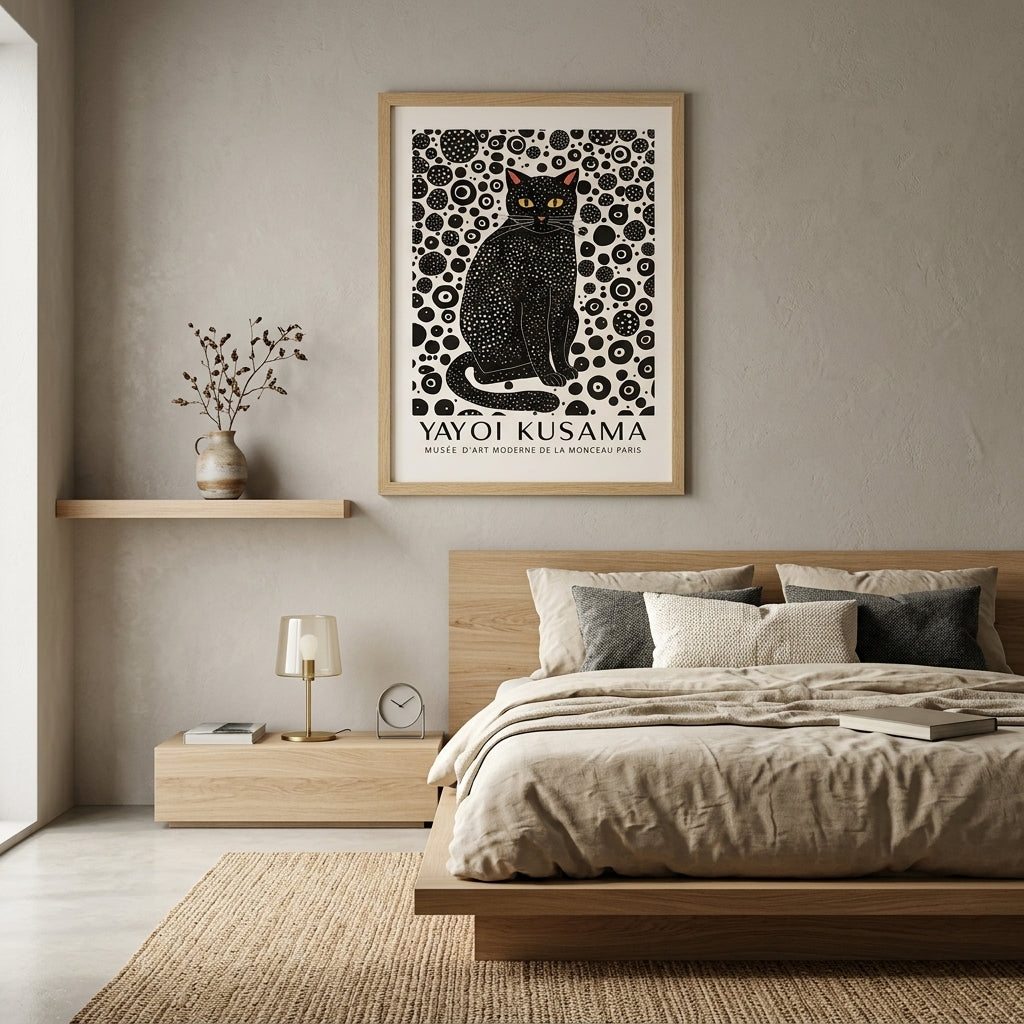Minimalist Black Cat Art Print and minimalist cat wall art set from PrintHaus on a modern bedroom wall decor 