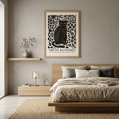 Minimalist Black Cat Art Print and minimalist cat wall art set from PrintHaus on a modern bedroom wall decor 