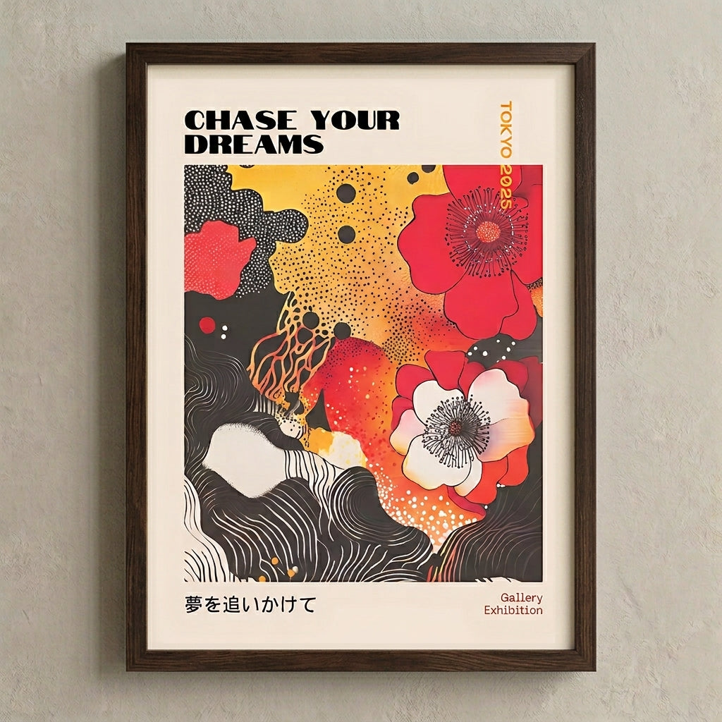 Framed Japanese Graphic Poppy Art Print with bold botanical design by PrintHaus on minimalst wall decor