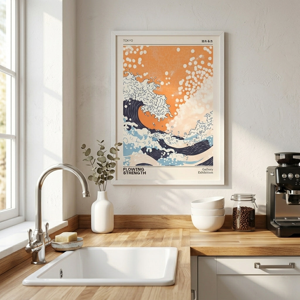 Framed Japanese woodblock wave graphic print with vintage orange accents on a modern kitchen wall decor