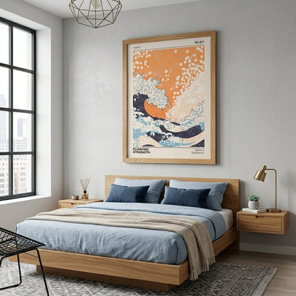 Retro Japanese typography wave art print in orange and navy blue on a modern bedroom decor