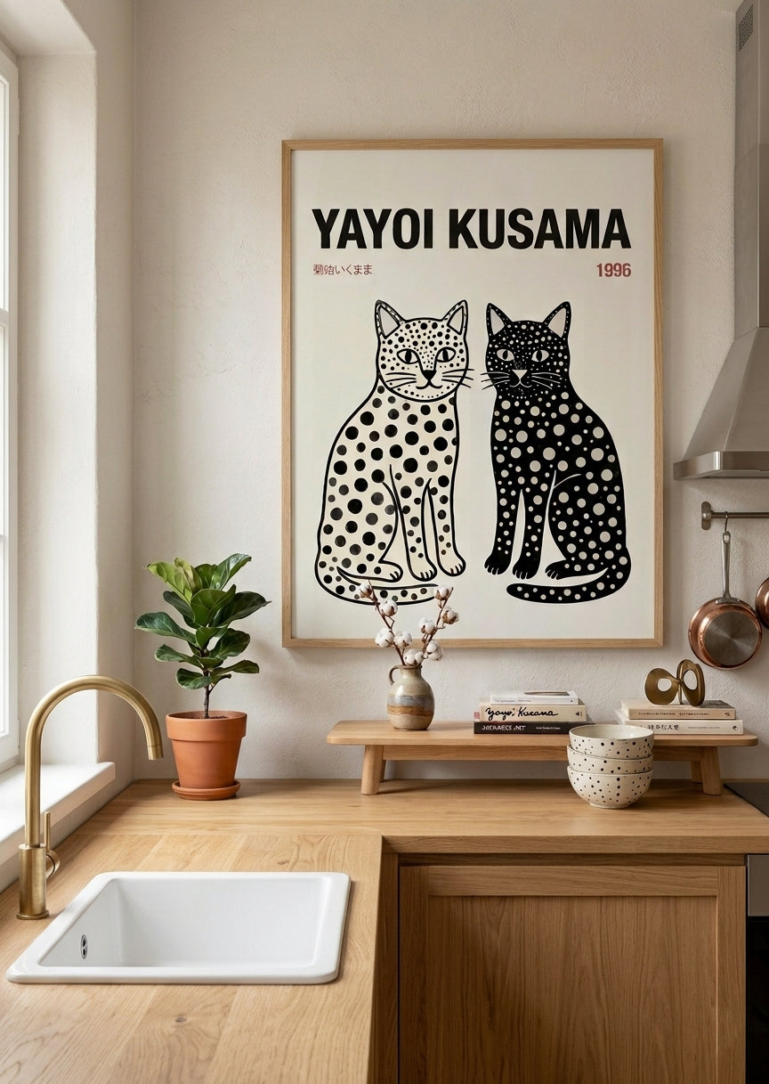 Oak framed Minimalist Japanese cat print polka dot cat poster PrintHaus modern aesthetic Kitchen home decor