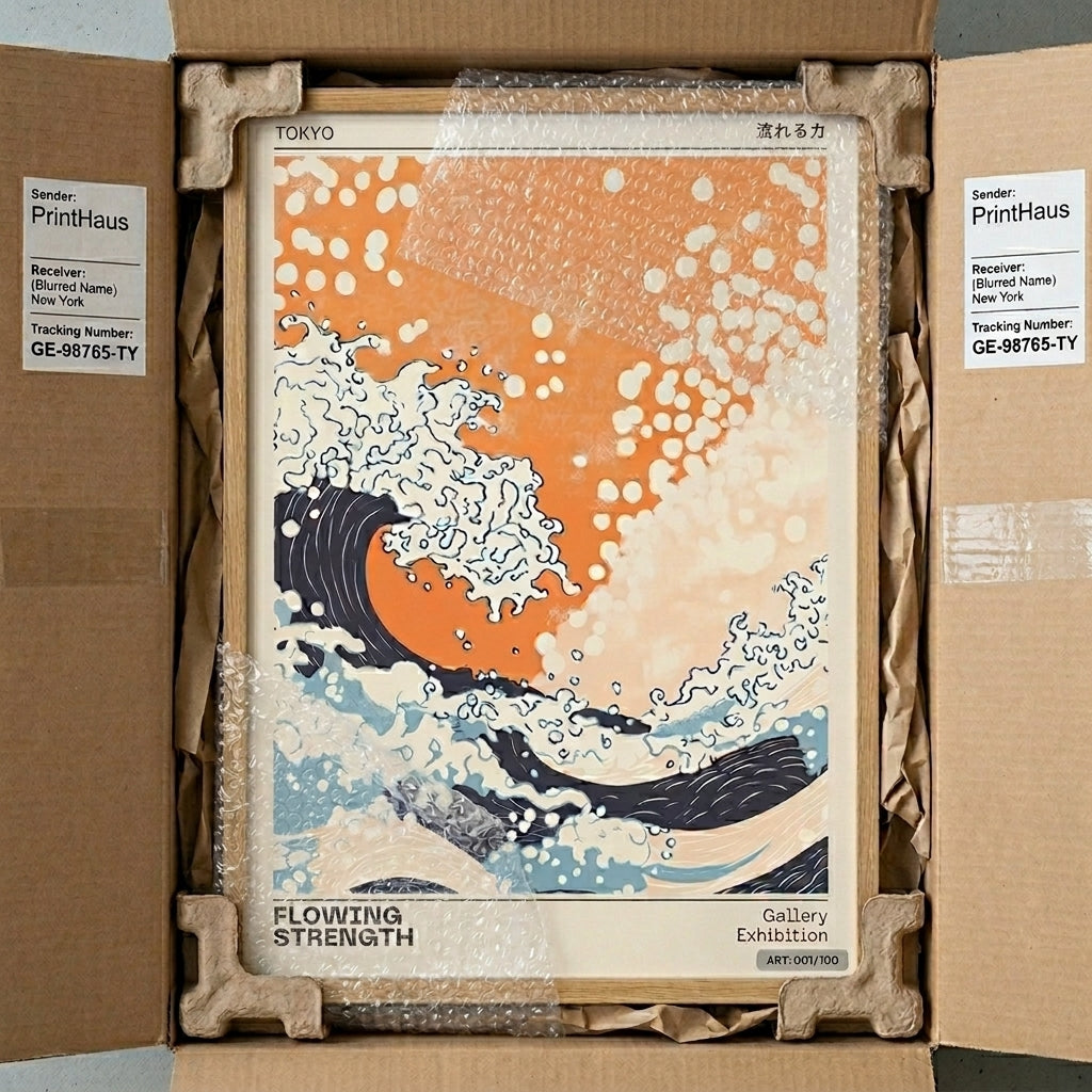 Poster of a wave design in an open cardboard box with PrintHaus labels.