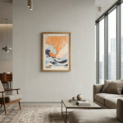 Framed Japanese Wave Print with minimalist gallery exhibition design