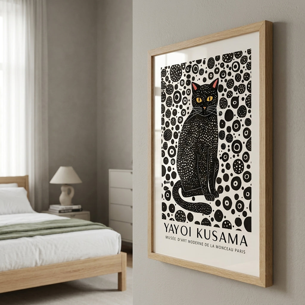 Framed Minimalist Black Cat Art Print with  black cat artwork by PrintHaus on a modern bedroom wall decor