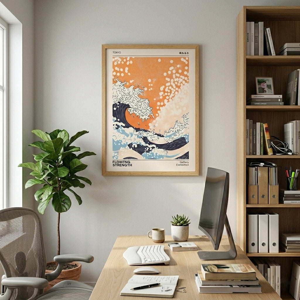 Contemporary ukiyo-e style wave poster with Japanese typography home office wall decor