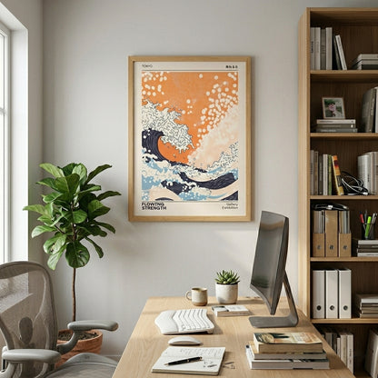 Contemporary ukiyo-e style wave poster with Japanese typography home office wall decor