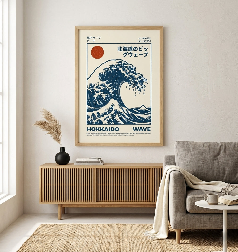 Oak Framed Hokusai Wave Poster Print by PrintHais in modern living decor