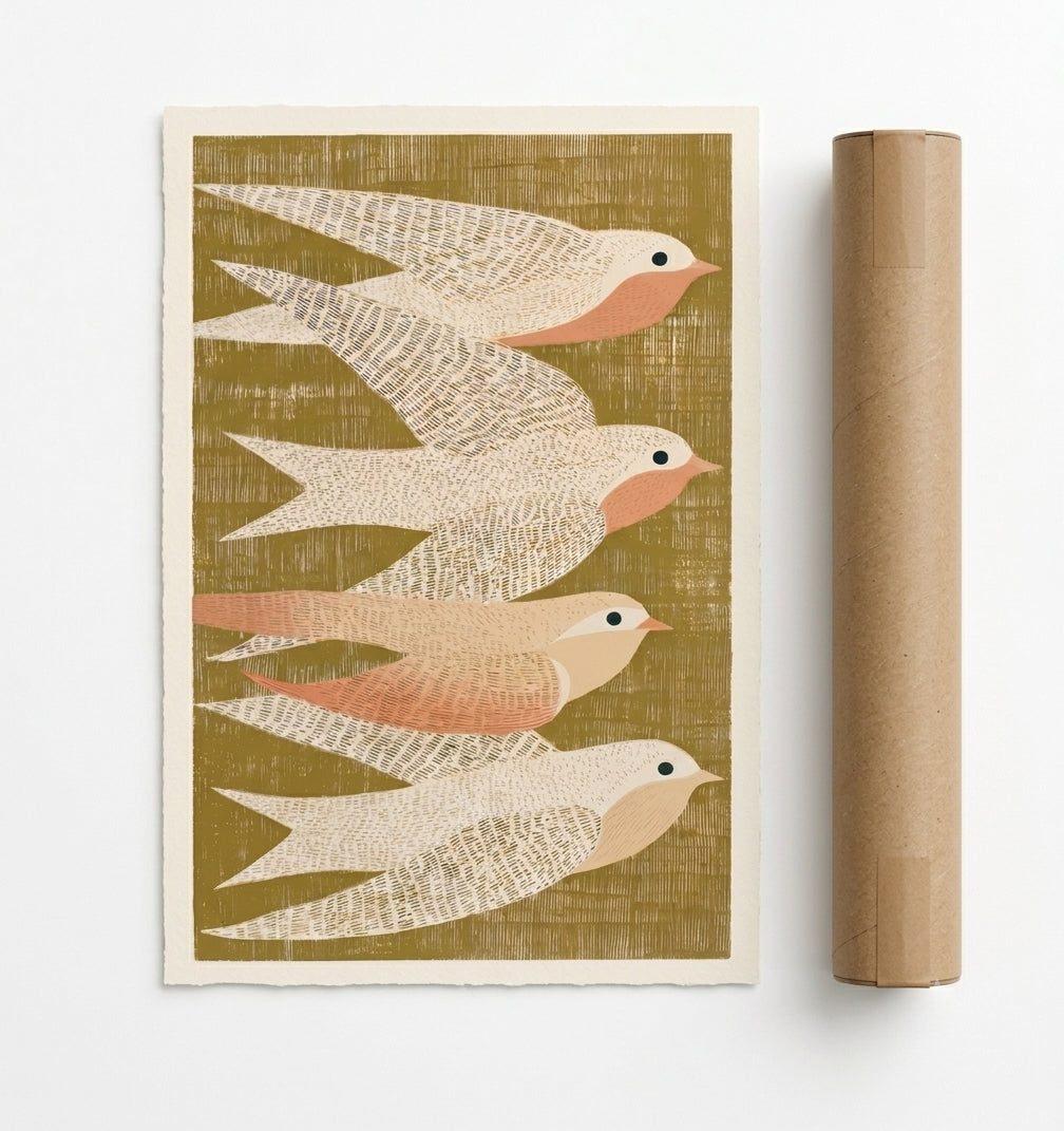 Minimalist flying birds poster print by PrintHaus soft beige and olive tones