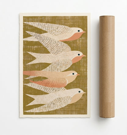 Minimalist flying birds poster print by PrintHaus soft beige and olive tones