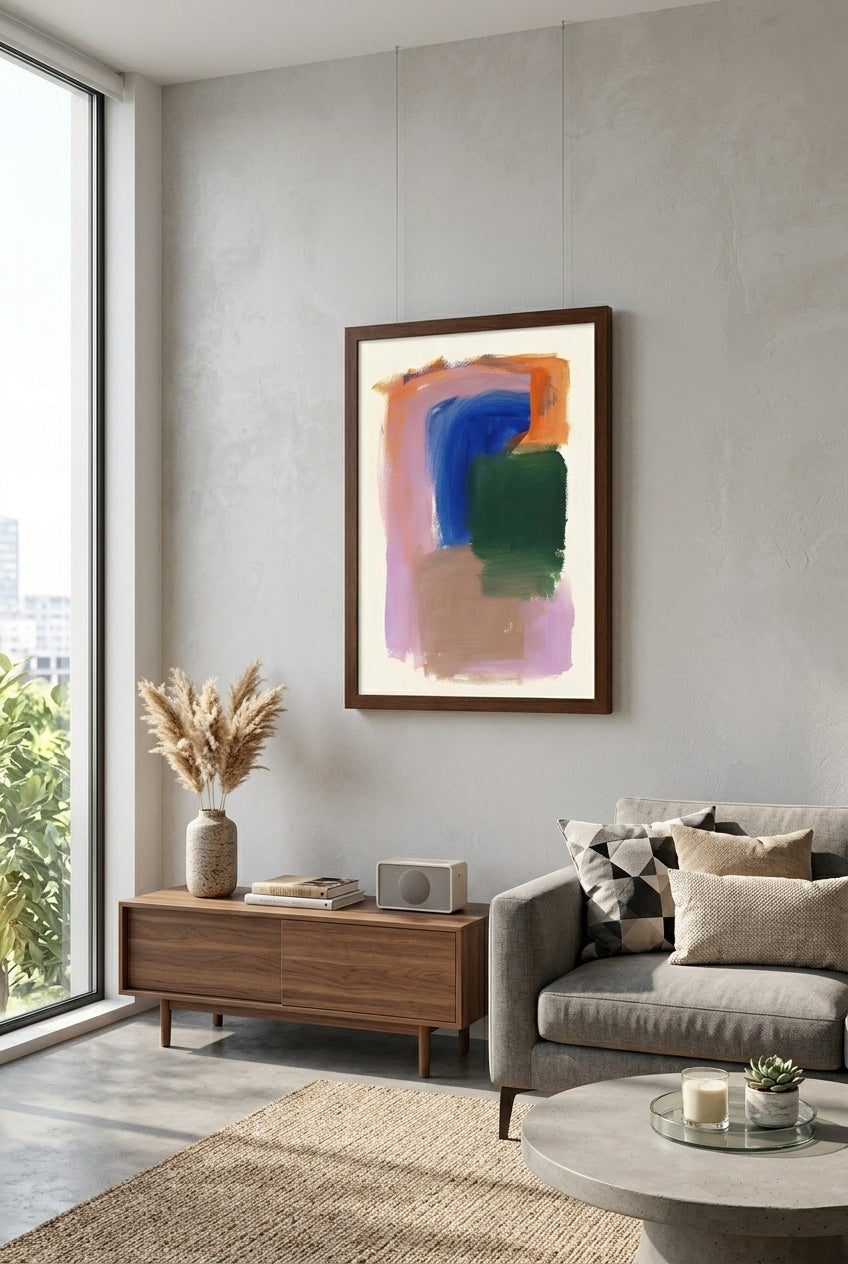 Modern living room with Colorful Modern Abstract Art Print, sofa, and decor