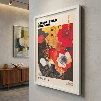 White wooden framed Abstract landscape with flowers poster and Japanese Graphic Poppy Art Print by PrintHaus on a modern living room wall decor.
