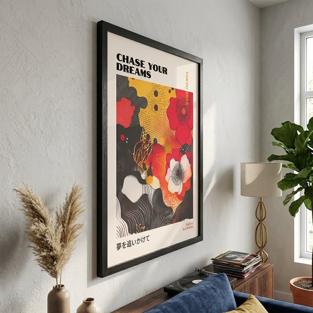 Framed Ukiyo-e inspired Japanese Graphic Poppy Art Print for modern interiors by PrintHaus on a modern living room decor.