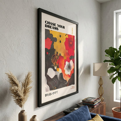Framed Ukiyo-e inspired Japanese Graphic Poppy Art Print for modern interiors by PrintHaus on a modern living room decor.