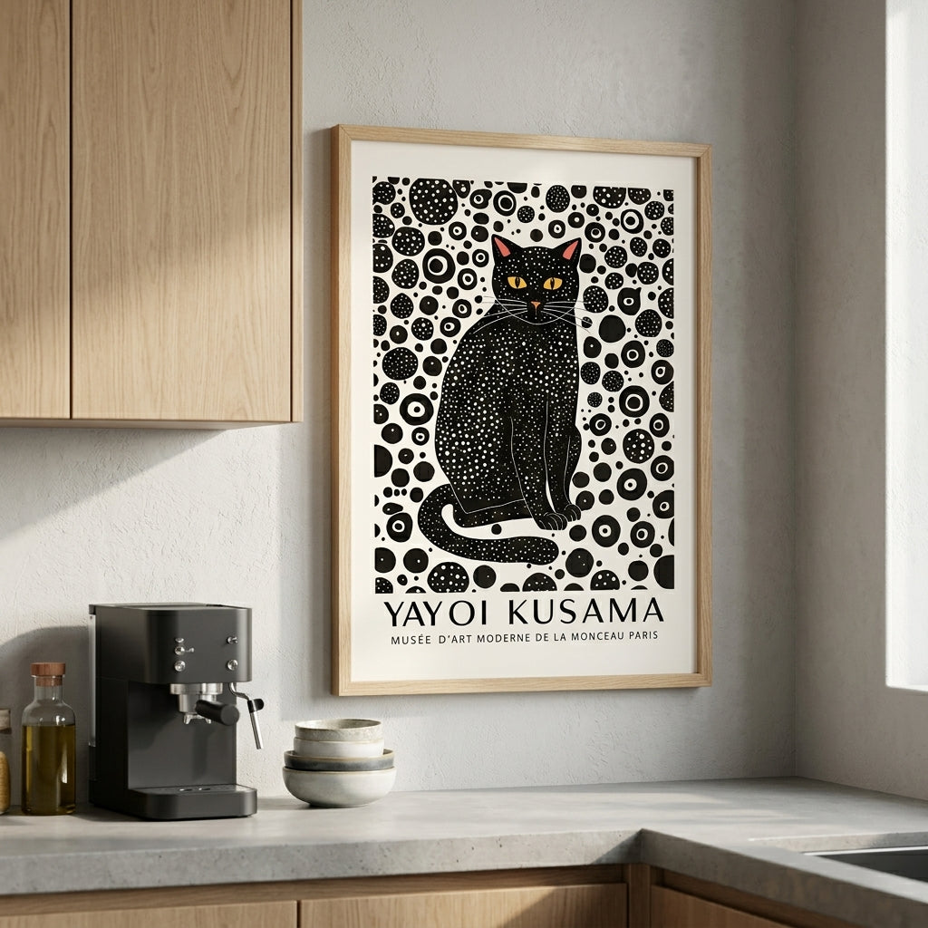 Framed Minimalist Black Cat Art Print with minimalist giclée cat wall art by PrintHaus on a Modern Kitchen wall art decor.