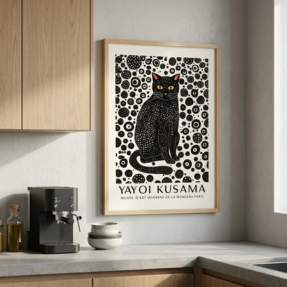 Framed Minimalist Black Cat Art Print with minimalist giclée cat wall art by PrintHaus on a Modern Kitchen wall art decor.