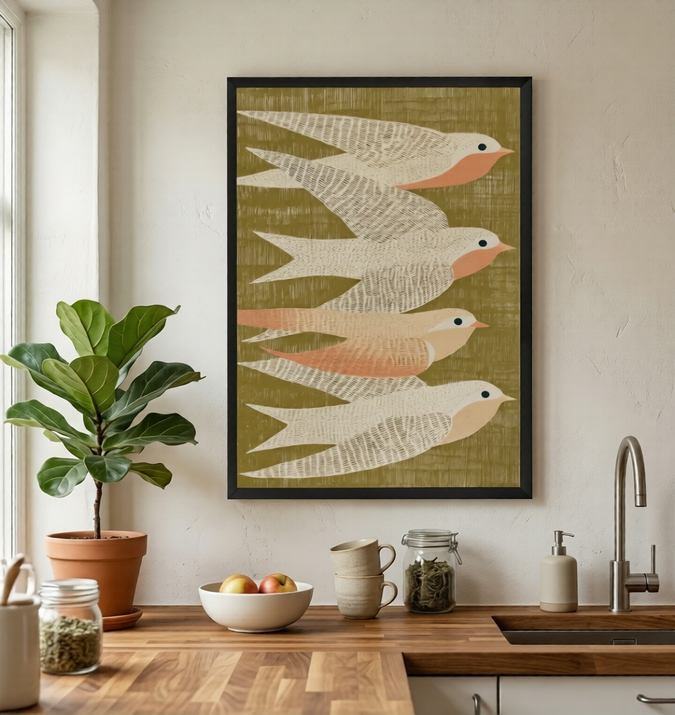 Neutral toned bird wall decor print by PrintHaus in modern hygge style Kitchen