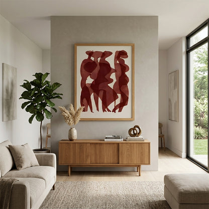 Modern living room with a wooden sideboard, sofa, and Red Tones Abstract Figurative Art Print