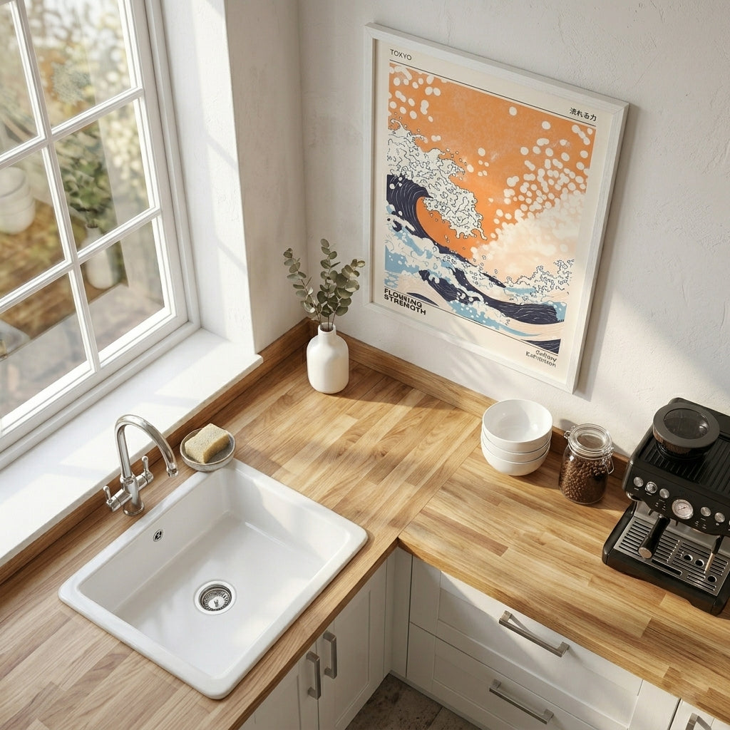 Framed Modern Japanese Wave Print with exhibition poster aesthetic on a modern kitchen with wooden countertop, white sink, and decorative elements.