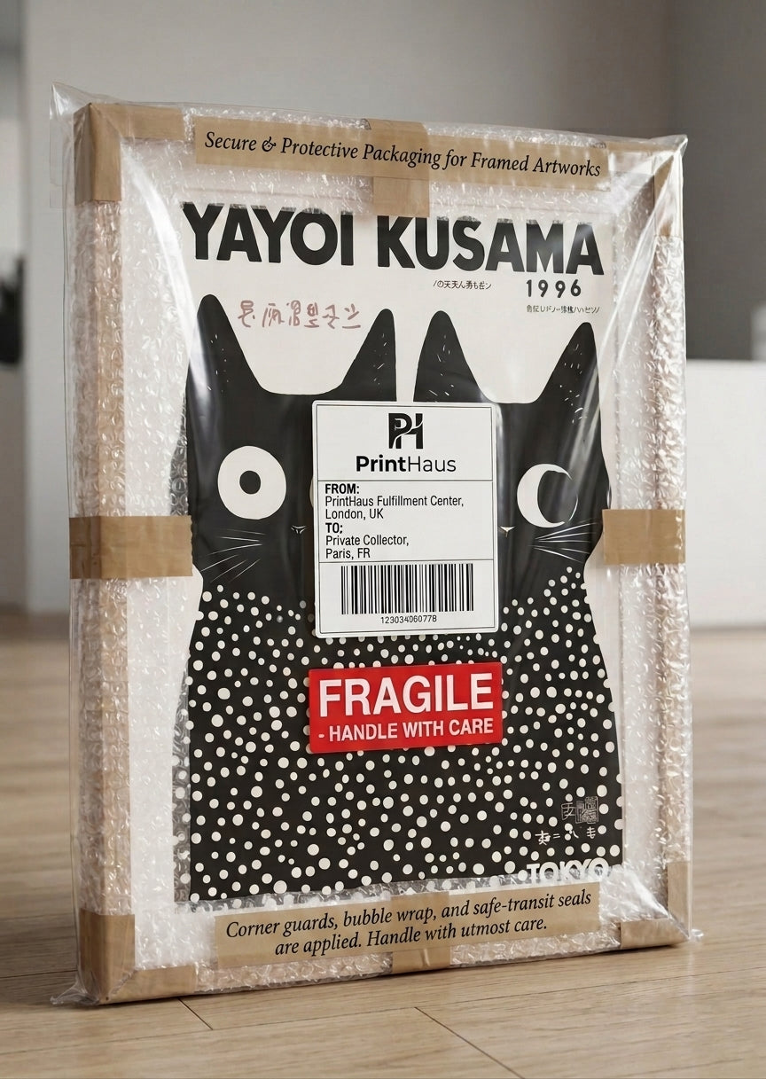 packaging of framed artwork of Yayoi Kusama Cat Print Poster polka dot art wall decor PrintHaus stylish gallery wall home decor print