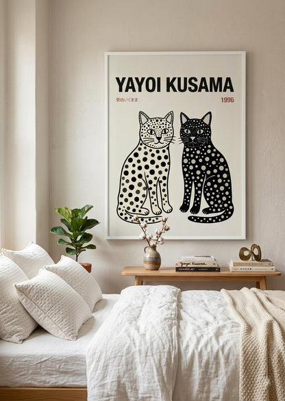 white framed Japanese pop art cat poster Yayoi Kusama style cat print PrintHaus contemporary bedroom wall decor