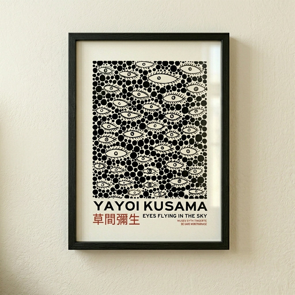Framed Yayoi-Kusama Inspired Poster Dots and Eyes on a beige wall.