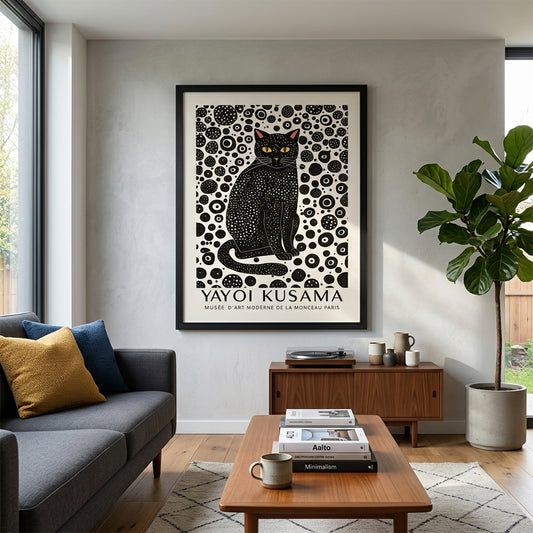 framed Minimalist Black Cat Art Print featuring simple black and white cat line art by PrintHaus on a modern living room wall decor
