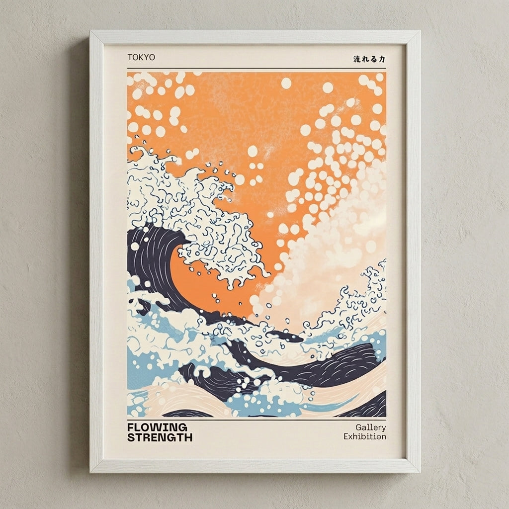 White Wooden Framed Minimalist Japanese kanji wave poster inspired by Tokyo art exhibitions