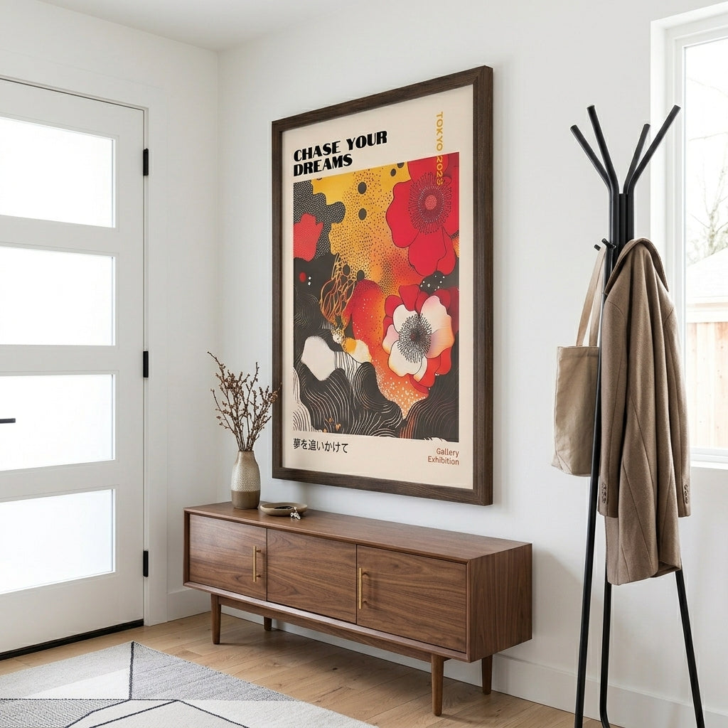 Unframed Japanese Graphic Poppy Art Print for stylish home décor by PrintHaus on a stylish and modern entryway home decor