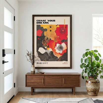 Unframed Japanese Graphic Poppy Art Print for stylish home décor by PrintHaus on a modern entryway decor.