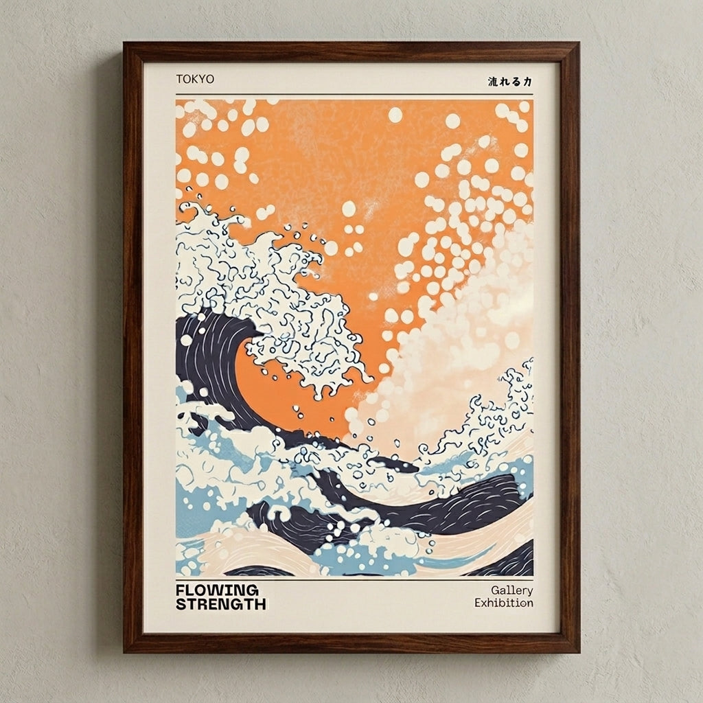 Framed great wave inspired Japanese art print for office and home décor