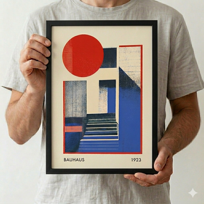 Person holding a framed Bauhaus art print with geometric shapes and '1923' text.