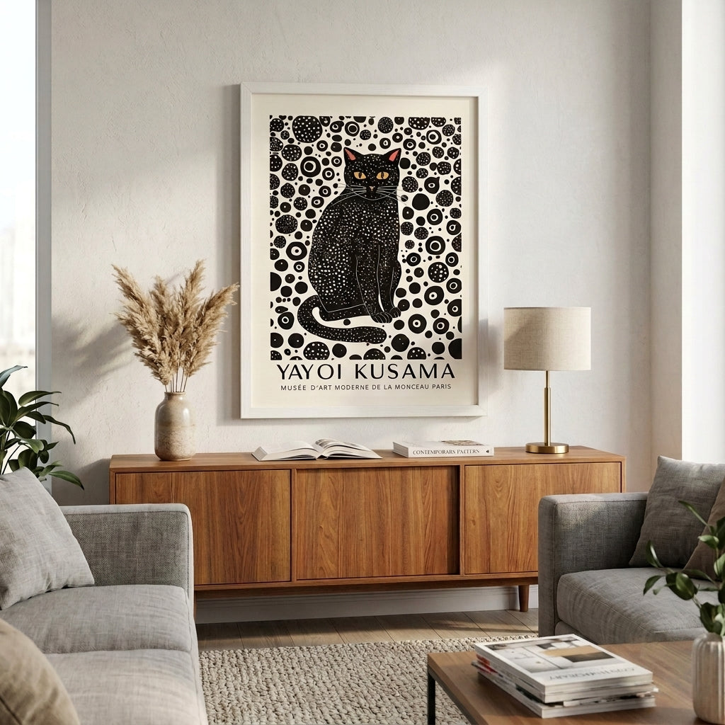 Minimalist Black Cat Art Print and modern abstract feline poster by PrintHaus on a contemporary living room decor 