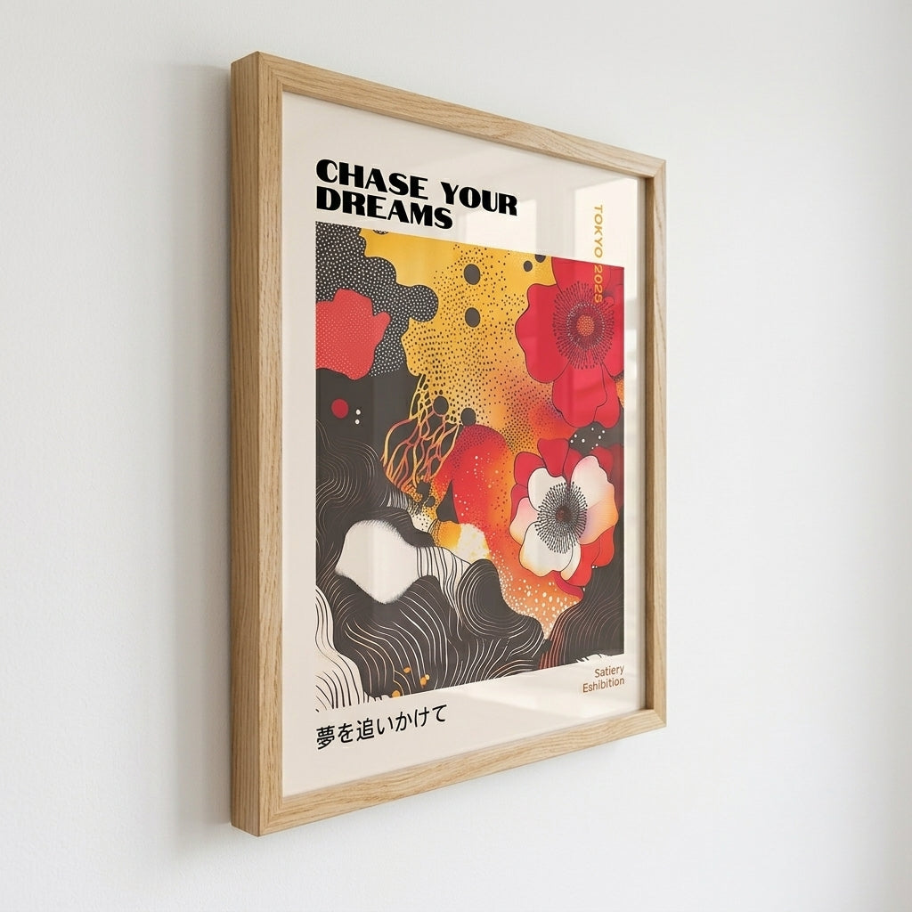 framed Tokyo exhibition style Japanese Graphic Poppy Art Print with bilingual Japanese English design by PrintHaus on a modern white wall decor
