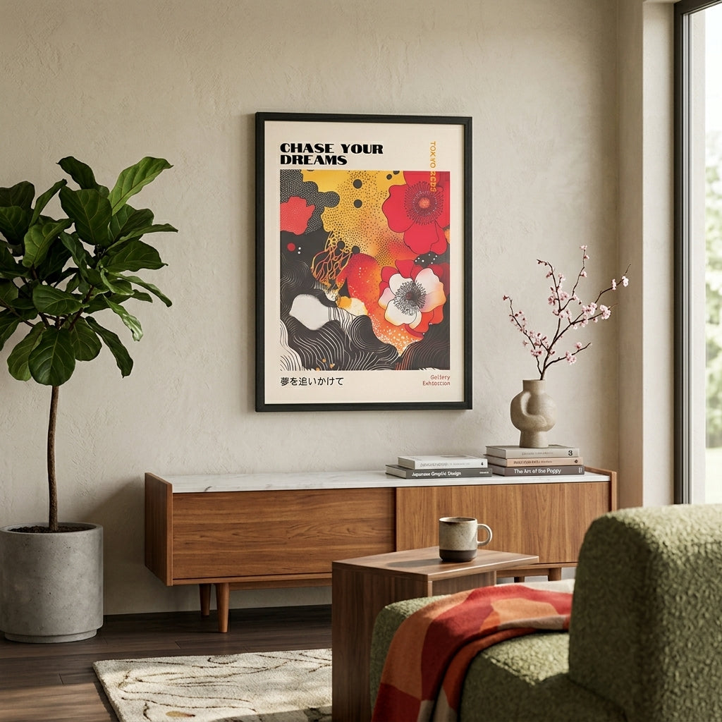 Mid Century Modern Japanese Floral Poster featuring graphic poppies by PrintHaus with a modern living room decor.