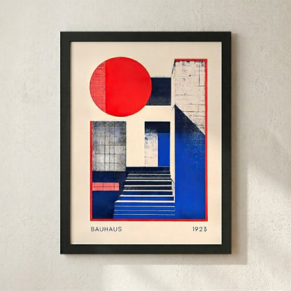 Abstract bauhaus wall art print from 1920s with geometric design on a textured wall.