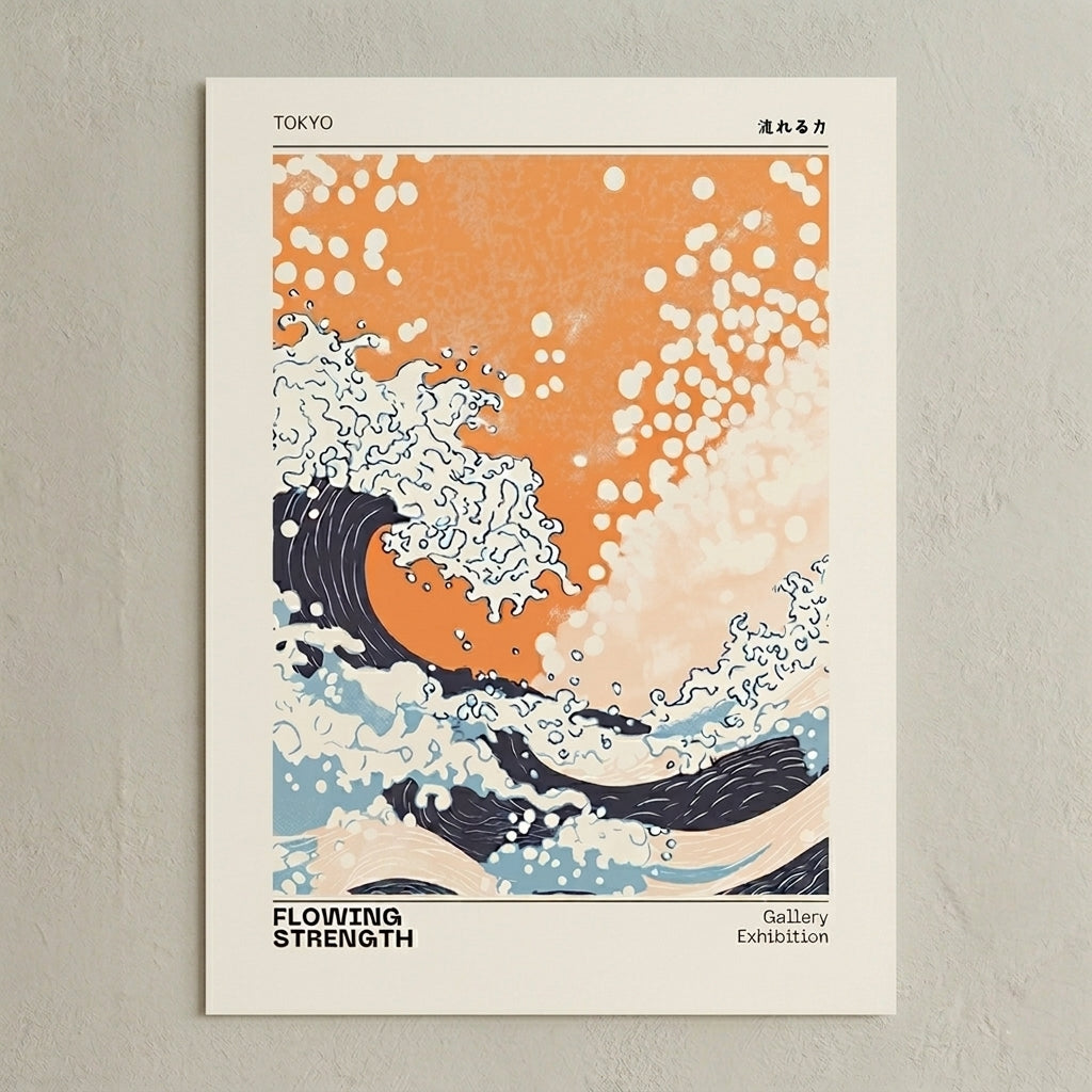 Retro Japanese typography wave art print in orange and navy blue