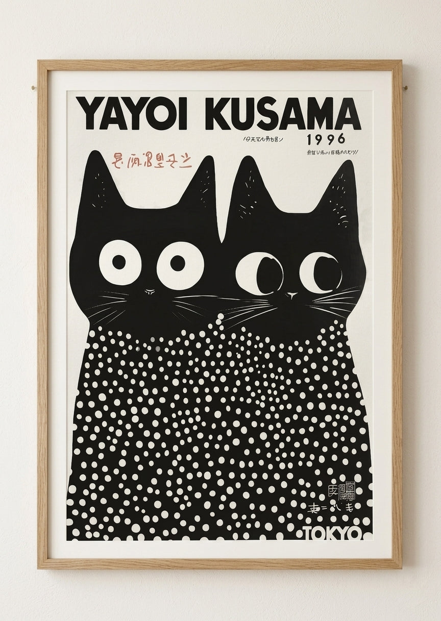 Oak Framed artwork of Yayoi Kusama Cat Print Poster 1996 polka dot art wall decor PrintHaus modern home decor wall art