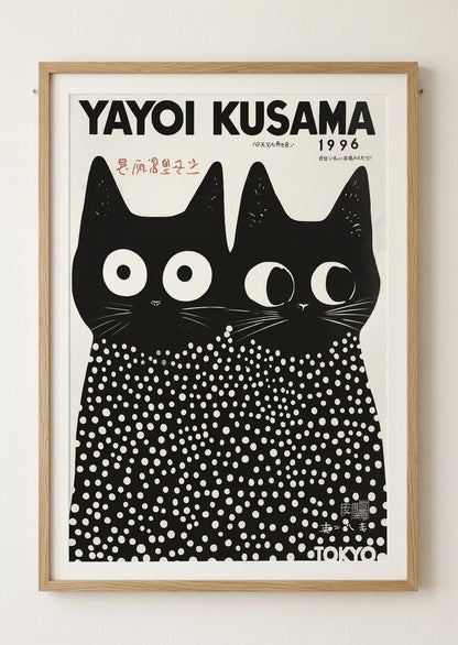 Oak Framed artwork of Yayoi Kusama Cat Print Poster 1996 polka dot art wall decor PrintHaus modern home decor wall art