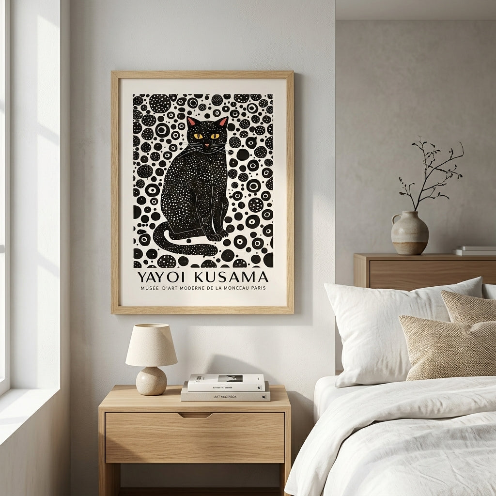Framed Minimalist Black Cat Art Print featuring unique modern pet illustration by PrintHaus on a modern living room wall decor.