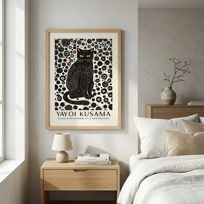 Framed Minimalist Black Cat Art Print featuring unique modern pet illustration by PrintHaus on a modern living room wall decor.