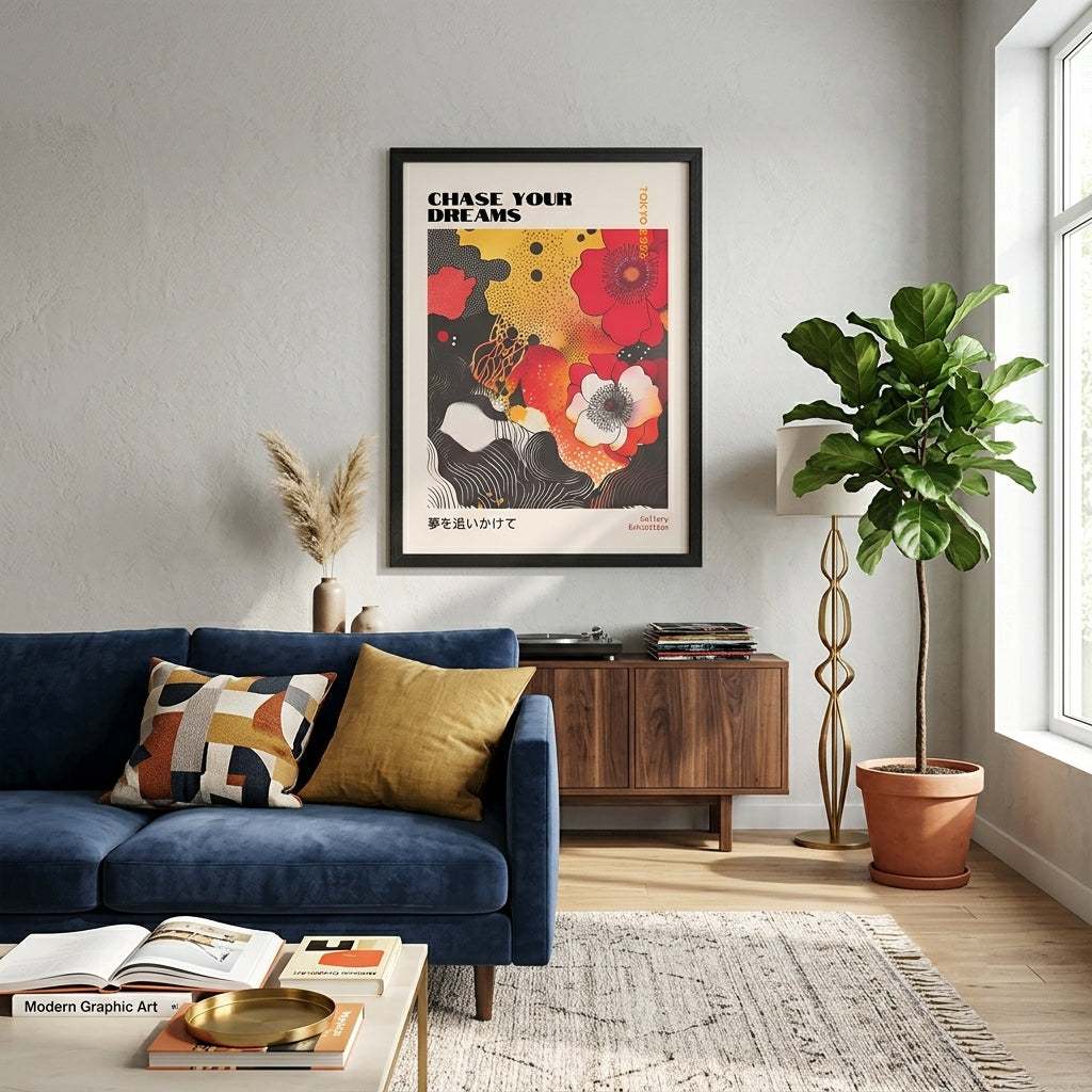 Japanese Graphic Poppy Art Print with abstract wave patterns by PrintHaus with a contemporary living room decor.