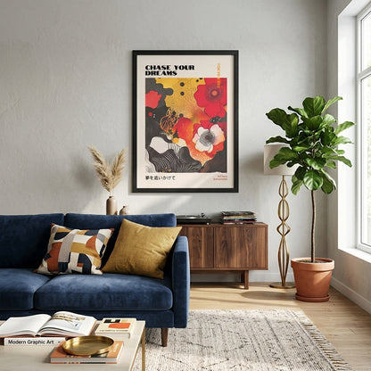 Japanese Graphic Poppy Art Print with abstract wave patterns by PrintHaus with a contemporary living room decor.
