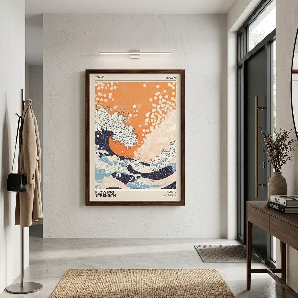 Framed modern Japanese Wave Print with exhibition poster aesthetic