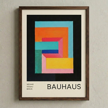 Framed Bauhaus Geometric Abstract Art Print with geometric design on a wall